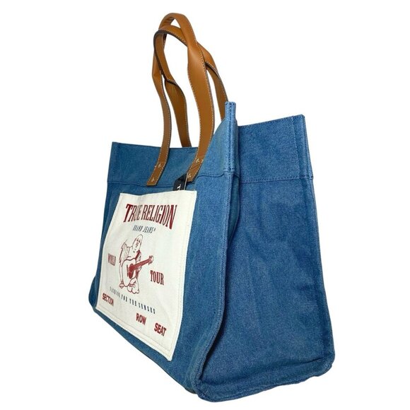 True Religion World Tour Navy Blue Denim Large Tote Bag NWT - Picture 7 of 10